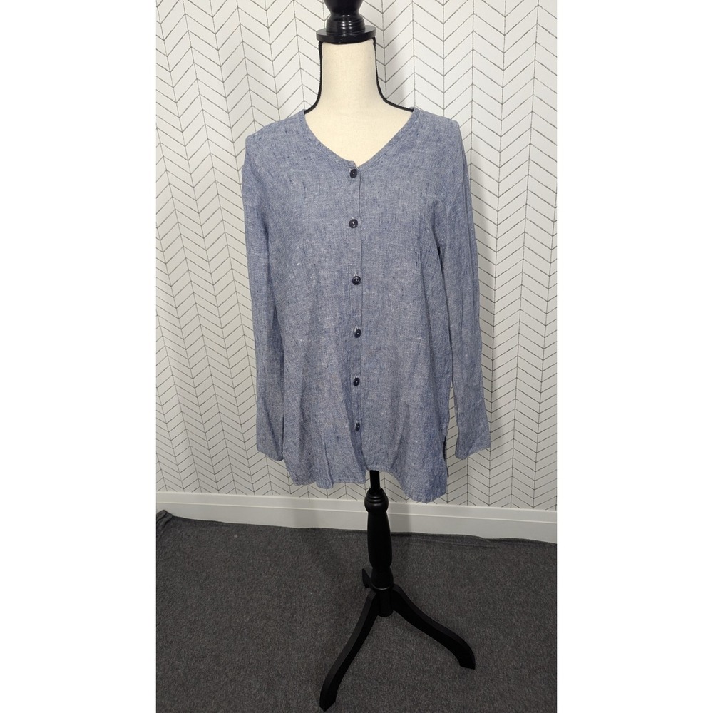 Flax Blouse Women's Small Oversized Blue Linen Minimalist Hygge Quiet Luxury